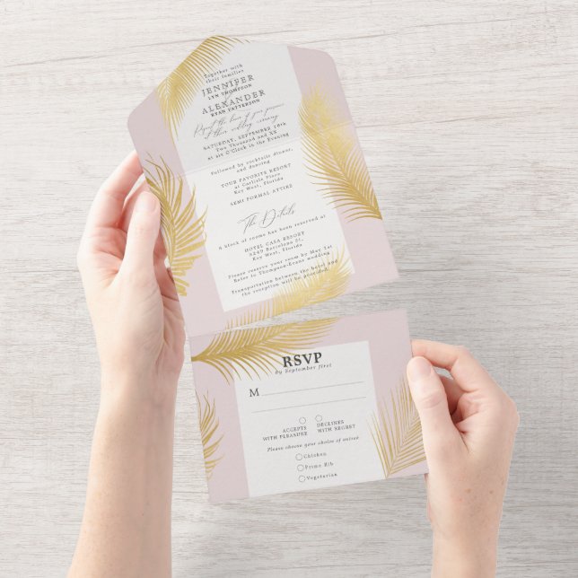 Invitación Todo En Uno Moda moderna Oro tropical Palm Boda rosa suave (desgarro)
