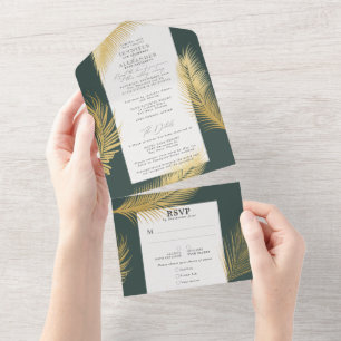 Invitación Todo En Uno Moda moderna Palm de oro tropical Boda verde oscur