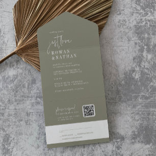 Invitación Todo En Uno Moda moderna Sage Green Just Love QR Code Boda