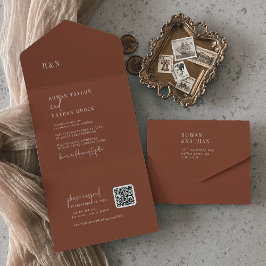 Invitación Todo En Uno Moda moderna Terracotta Rust QR Monograma Boda