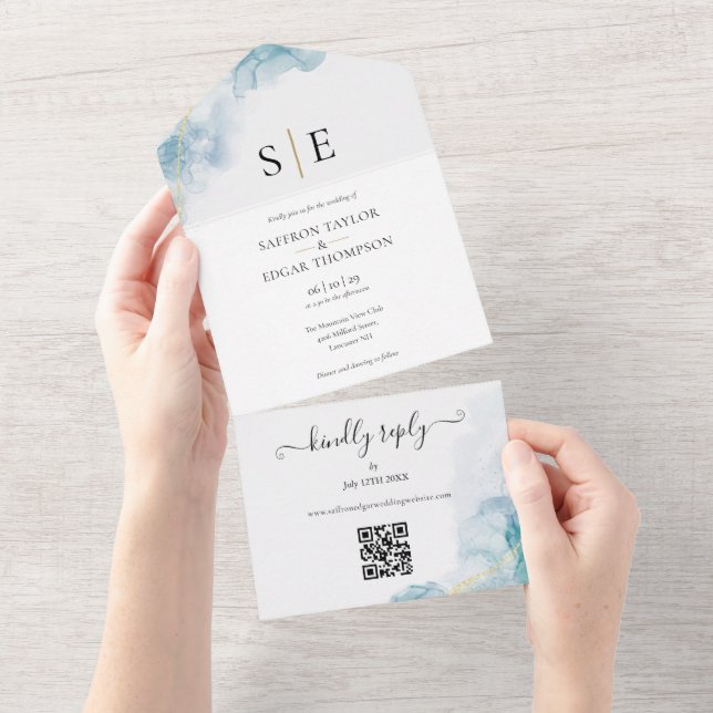 Invitación Todo En Uno Moda Monograma Código QR Boda de acuarela azul (desgarro)