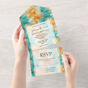 Invitación Todo En Uno Moda Naranja Turquesa Boda Flores