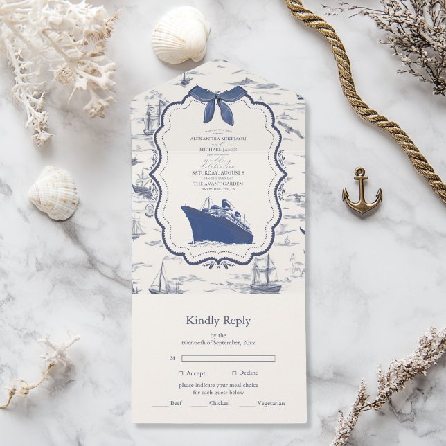 Invitación Todo En Uno Moda Nautical Toile de Jouy Bow Boda (Subido por el creador)