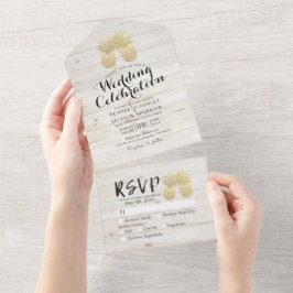 Invitación Todo En Uno Moda Oro Piña Pareja Boda de Madera Blanca RSVP