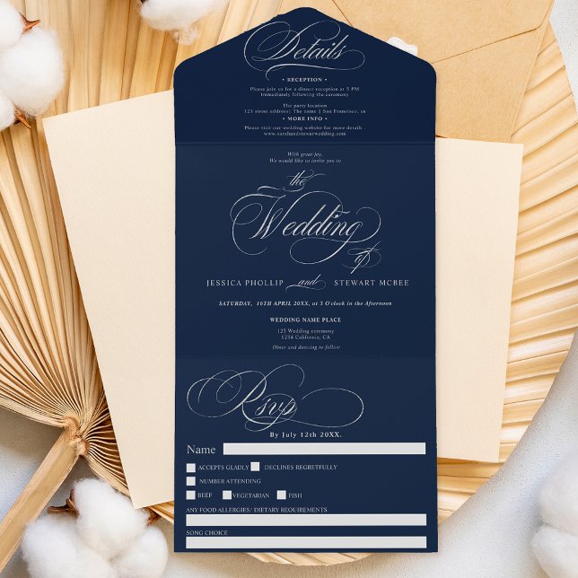 Invitación Todo En Uno Moda plateada elegante guión azul marino boda (Subido por el creador)