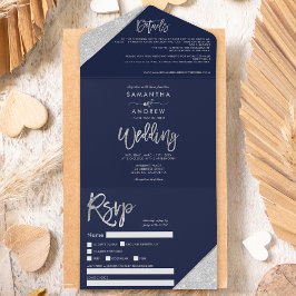 Invitación Todo En Uno Moda purpurina de plata tipografía boda azul marin