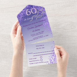 Invitación Todo En Uno Moda Purpurina púrpura 60 cumpleaños feliz