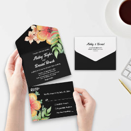 Invitación Todo En Uno Moda romántica flores silvestres Boda floral negro