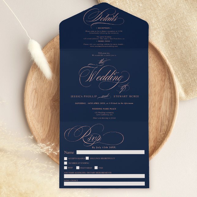 Invitación Todo En Uno Moda rosa oro elegante guión azul marino boda (Subido por el creador)