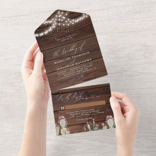 Invitación Todo En Uno Moda Rústica Cactus Cacti Boda de cuerda de madera