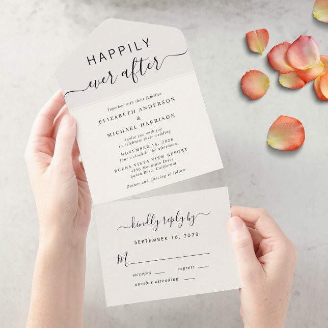 Invitación Todo En Uno Moda Script Cream Boda (Subido por el creador)