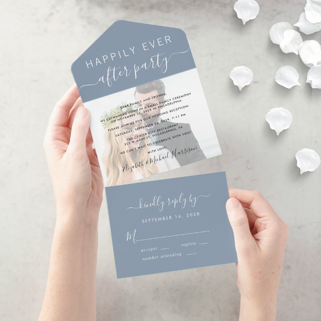 Invitación Todo En Uno Moda Script Foto Dusty Blue Wedding Recepcion (An elegant Happily Ever After Party Invitation to set the tone for an unforgettable event)