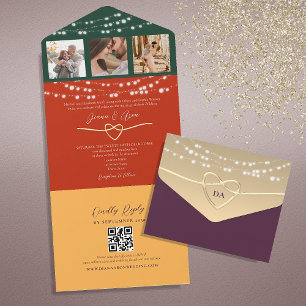 Invitación Todo En Uno Moda String Lights Boda QR Code