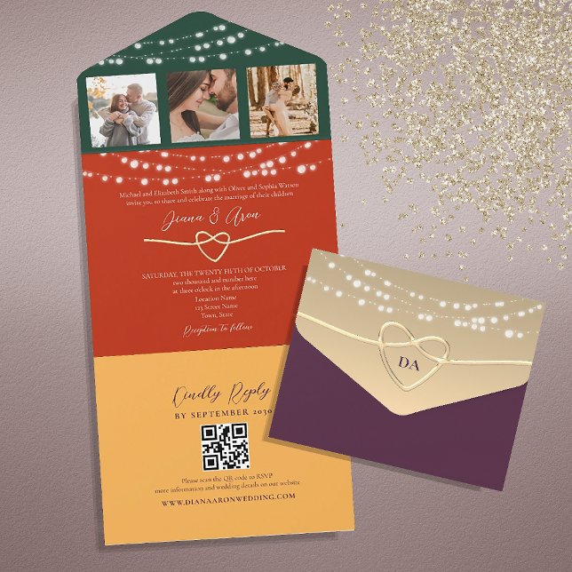 Invitación Todo En Uno Moda String Lights Boda QR Code (Subido por el creador)