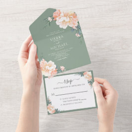 Invitación Todo En Uno Moda verde sabio Rubor Peach Floral Boho Boda