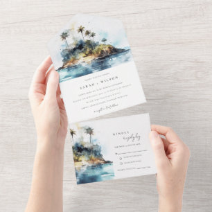 Invitación Todo En Uno Moda Watercolor Seascape Palm Tree Island Boda