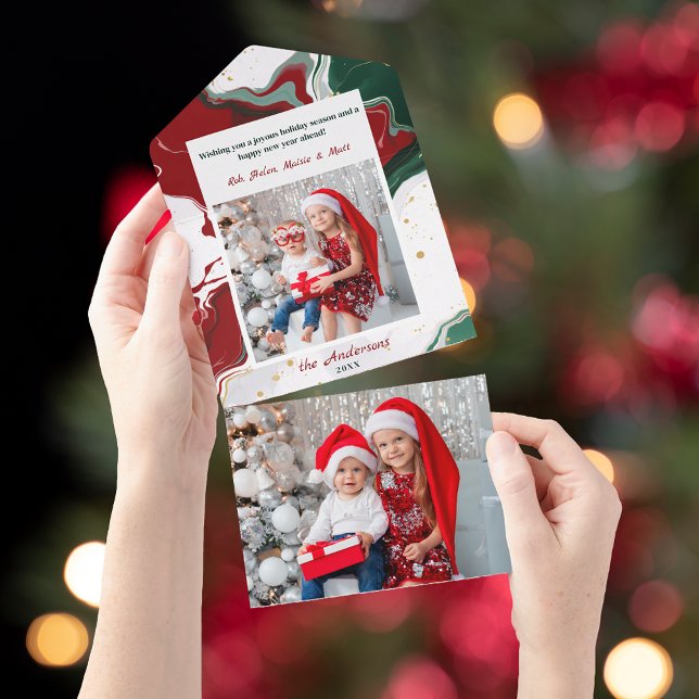 Invitación Todo En Uno Modern Abstract Green/Red Christmas Photo (Subido por el creador)