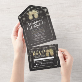 Invitación Todo En Uno Modern Black & Gold Pineapples Couple Wedding RSVP