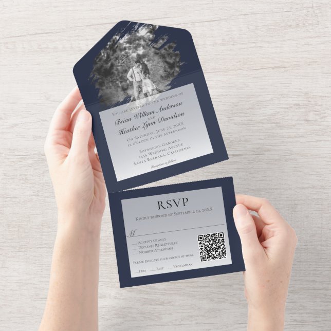 Invitación Todo En Uno Modern Brushstroke Photo Wedding | Navy Blue (desgarro)