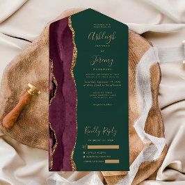 Invitación Todo En Uno Modern Burgundy Gold Agate Green Wedding