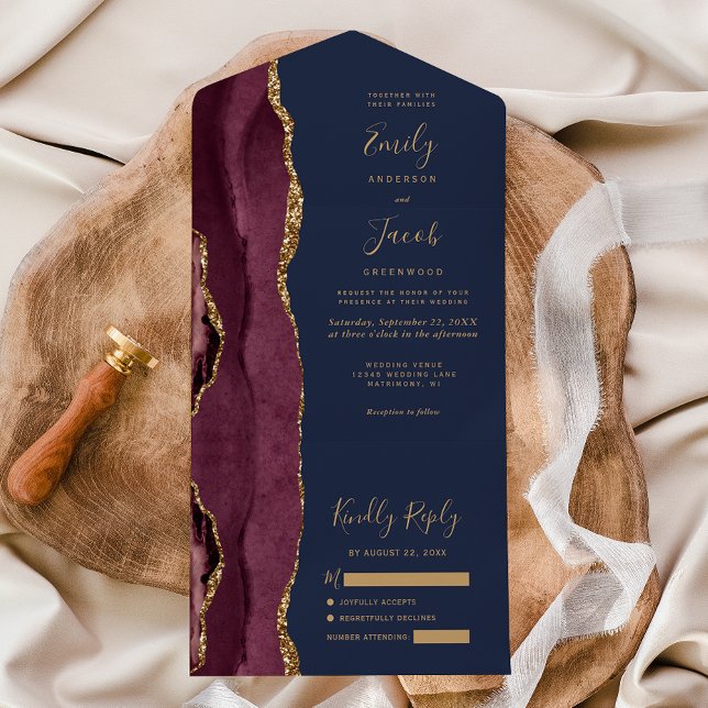 Invitación Todo En Uno Modern Burgundy Gold Agate Navy Blue Wedding (Subido por el creador)