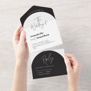 Invitación Todo En Uno modern elegant script black and white arch wedding
