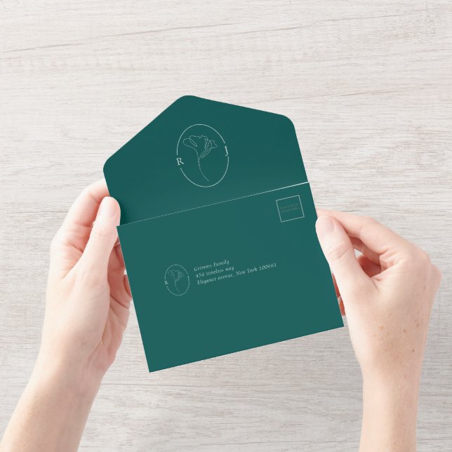 Invitación Todo En Uno Modern Emerald Monogram  Script Wedding (Apertura)