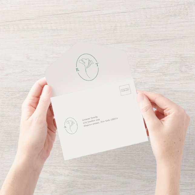 Invitación Todo En Uno Modern Emerald Monogram  Script Wedding (Apertura)