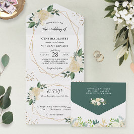 Invitación Todo En Uno Modern Geometric Nature Green Gold Floral Wedding