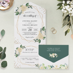 Invitación Todo En Uno Modern Geometric Nature Green Gold Floral Wedding