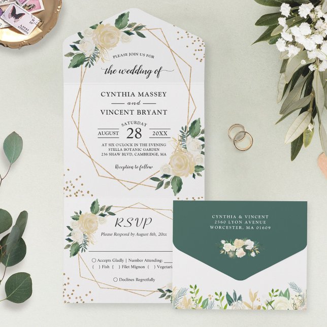 Invitación Todo En Uno Modern Geometric Nature Green Gold Floral Wedding (Subido por el creador)