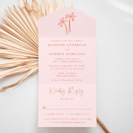 Invitación Todo En Uno Modern Hand-Drawn Palm Trees Pink Wedding