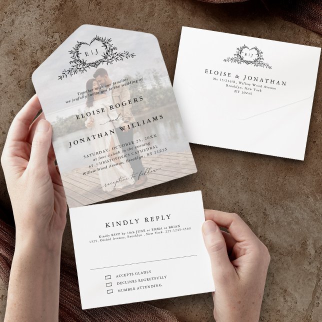 Invitación Todo En Uno Modern Minimalist Calligraphy Crest monogram Photo (Modern Minimalist Calligraphy Crest monogram Photo All In One Invitation)