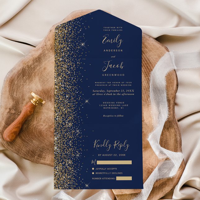Invitación Todo En Uno Modern Navy Blue Gold Glitter Wedding (Subido por el creador)