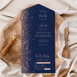 Invitación Todo En Uno Modern Navy Blue Rose Gold Glitter Wedding