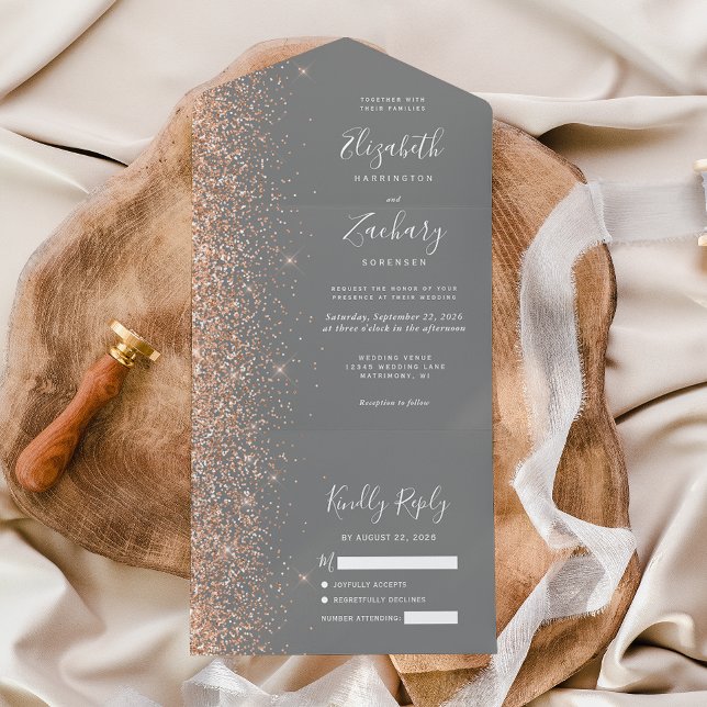 Invitación Todo En Uno Modern Peach Glitter Gray Wedding (Subido por el creador)