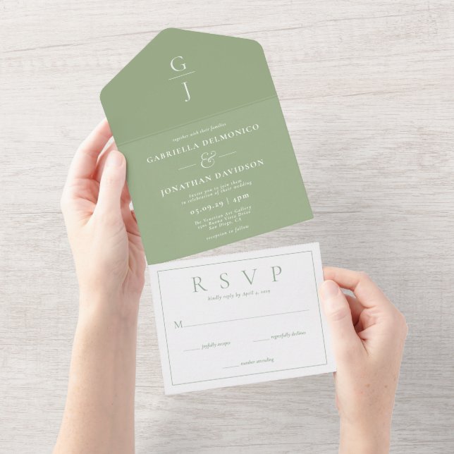 Invitación Todo En Uno Modern Sage Green Monograma Wedding RSVP (desgarro)