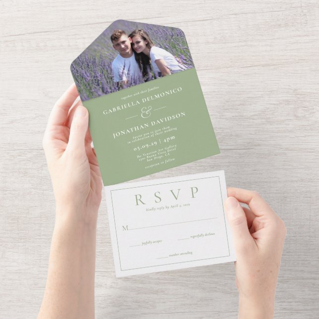 Invitación Todo En Uno Modern Sage Green Photo Wedding RSVP (desgarro)
