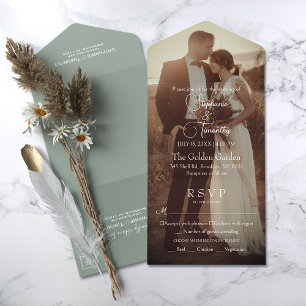 Invitación Todo En Uno Modern Sage Green Photo Wedding RSVP