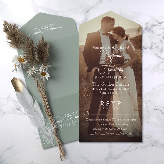 Invitación Todo En Uno Modern Sage Green Photo Wedding RSVP (Simplify your wedding with our all-in-one invitation – convenience and beauty in a single card.)