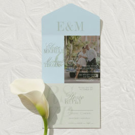 Invitación Todo En Uno Modern Script Sage Green and Blue Wedding