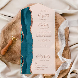 Invitación Todo En Uno Modern Teal Blue Rose Gold Agate Blush Wedding