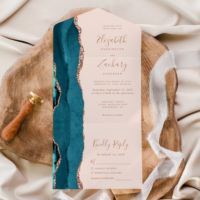 Invitación Todo En Uno Modern Teal Blue Rose Gold Agate Blush Wedding (Subido por el creador)