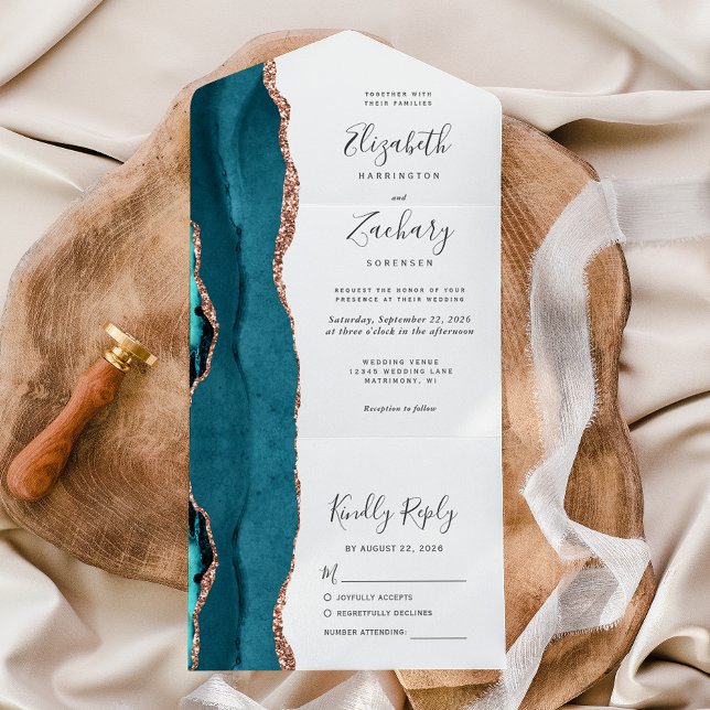 Invitación Todo En Uno Modern Teal Blue Rose Gold Agate Wedding (Subido por el creador)