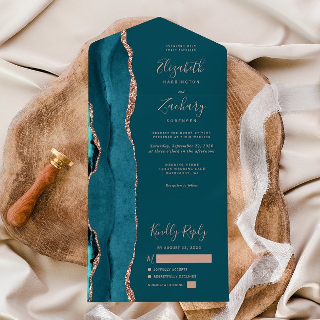 Invitación Todo En Uno Modern Teal Blue Rose Gold Agate Wedding (Subido por el creador)