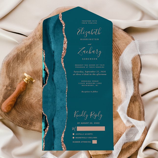 Invitación Todo En Uno Modern Teal Blue Rose Gold Agate Wedding (Subido por el creador)