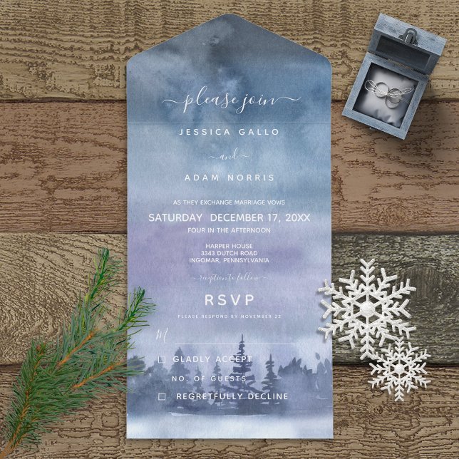 Invitación Todo En Uno Moderna acuarela azul del bosque de invierno sin c (Subido por el creador)