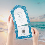 Invitación Todo En Uno Moderna acuarela Blue Ocean Beach Wedding<br><div class="desc">Un bonito diseño costero con agua azul acuática y agua de playa y un arco blanco. Diseño boda perfecto para todo aquel que se case en verano, en la playa, junto al mar o en una boda de destino. Un diseño moderno de olas de mar azul. Un diseño de bodas...</div>