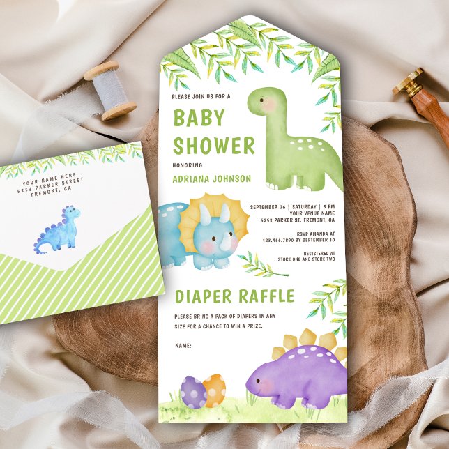 Invitación Todo En Uno Moderna acuarela Cute Pequeño Dinosaurio Baby Show (Subido por el creador)