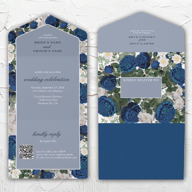 Invitación Todo En Uno Moderna acuarela floral azul elegante matrimonio (Modern Blue Floral Watercolor Elegant Wedding All In One Invitation)